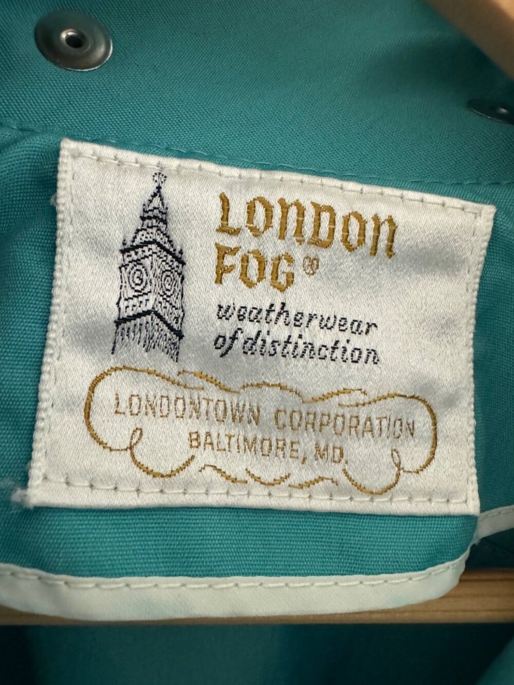 London Fog Vintage 70's Teal Jacket Zip Pockets Detachable Hood Tie Size 13/14 L - Picture 9 of 10